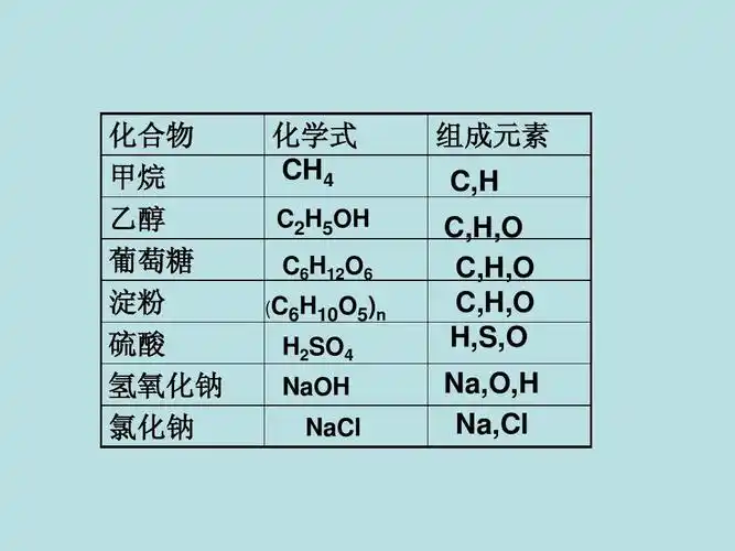 化合物 甲烷 乙醇 葡萄糖 淀粉 硫酸 氢氧化钠 氯化钠 化学式 ch4