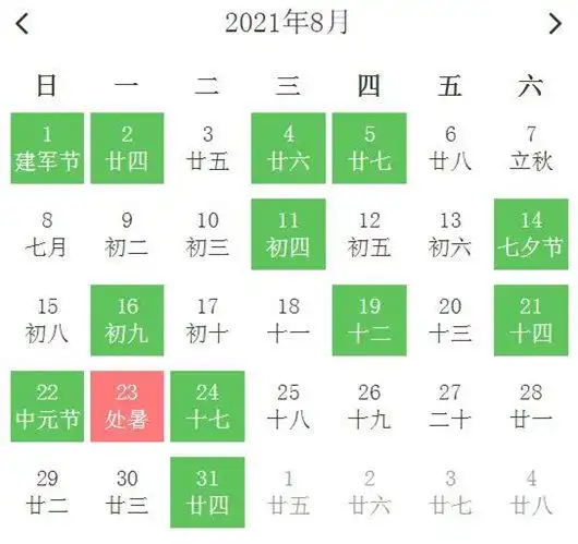 冲鸡(辛酉)煞西二,2021年8月安床吉日具体黄历宜忌公元2021年08月23日