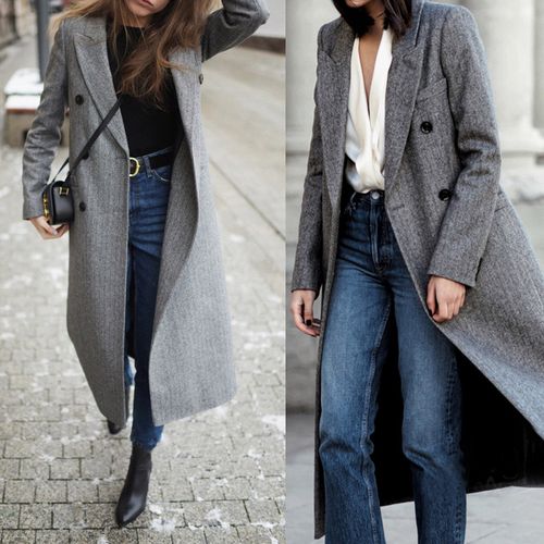 欧美博主街拍双排扣人字纹羊毛大衣女中长款过膝加厚毛呢外套秋冬