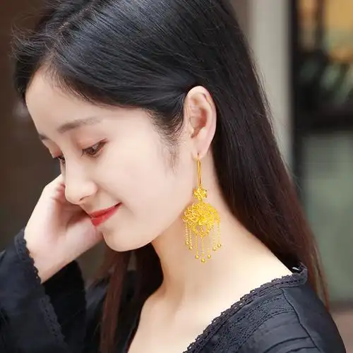 古法黄金耳环女金凤凰耳坠足金999流苏耳环金耳钉花丝古法金耳饰