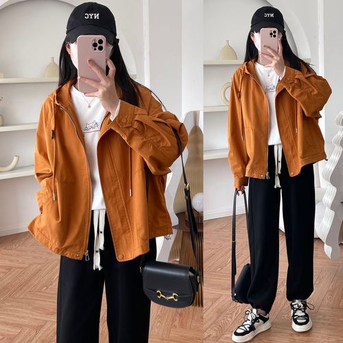 春装新款显白橘色工装外套女连帽口袋宽松休闲夹克小个子短风衣女