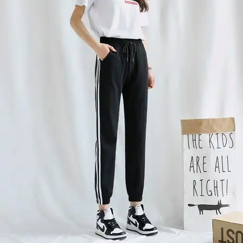 运动裤女宽松束脚春秋纯棉2022新款小个子八分ins三条杠休闲卫裤