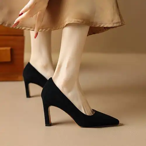 成都女鞋春夏季新款鞋子方头粗跟高跟鞋磨砂简约名媛