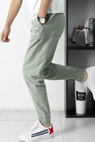 春夏季纯棉款男士休闲裤男生束脚裤卫裤工装裤修身小脚裤九分裤子