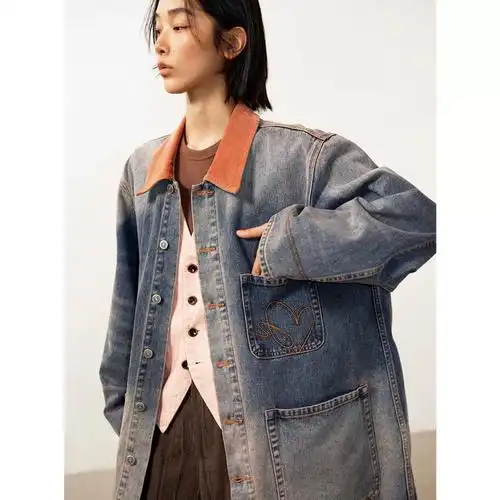 纯棉翻领撞色爱心绣袋趣味个性设计宽松牛仔外套v6032新款