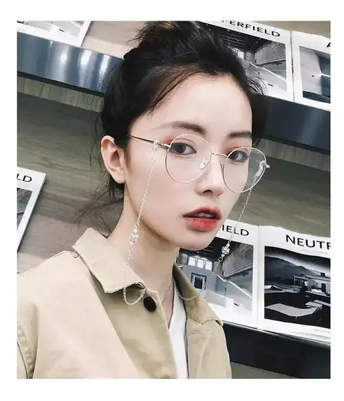 金丝眼镜链子金丝框原宿风多边形无度数眼镜男眼镜女学生韩版链条挂链