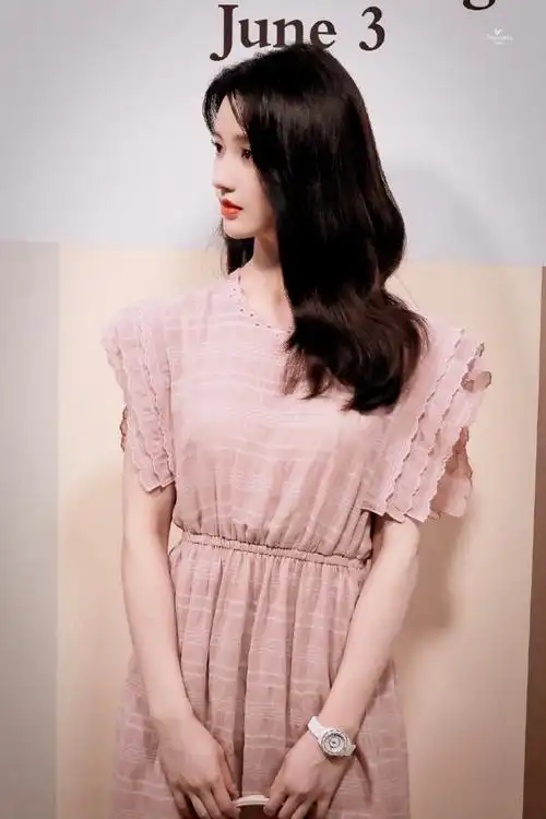 刘些宁粉红格裙