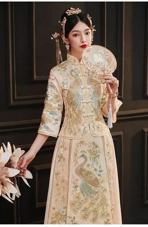 【高品质】【品牌特价】2020新款女装秀禾服女新娘香槟色显瘦中式结婚