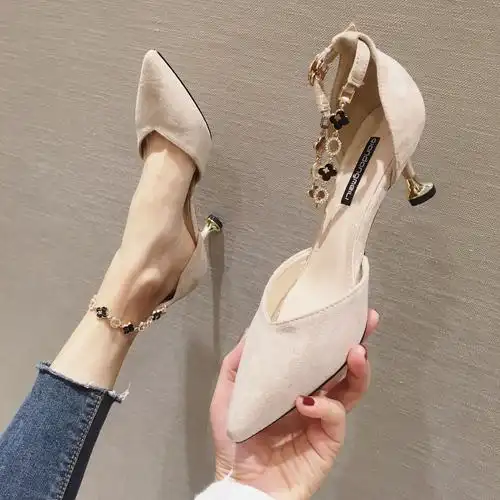 包邮 法式少女高跟鞋新款韩版时尚网红凉鞋百搭黑色6cm一字带中空单鞋