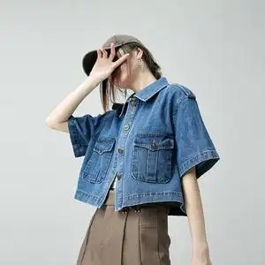 复古时尚短款牛仔外套女2022夏季新款宽松纯色简约百搭短袖上衣潮