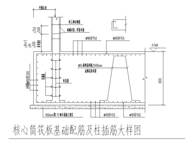 核心筒筏板基础配筋及柱插筋大样图