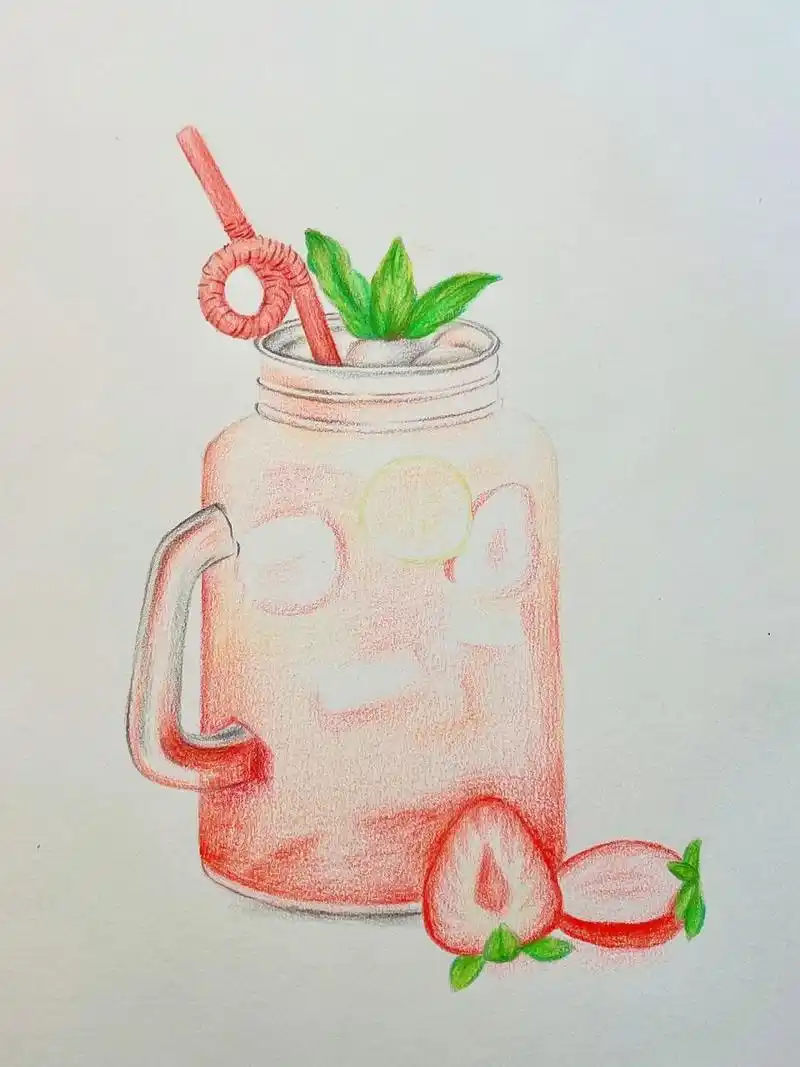 彩铅画 | 草莓果汁 夏季饮品 彩铅画 过程图