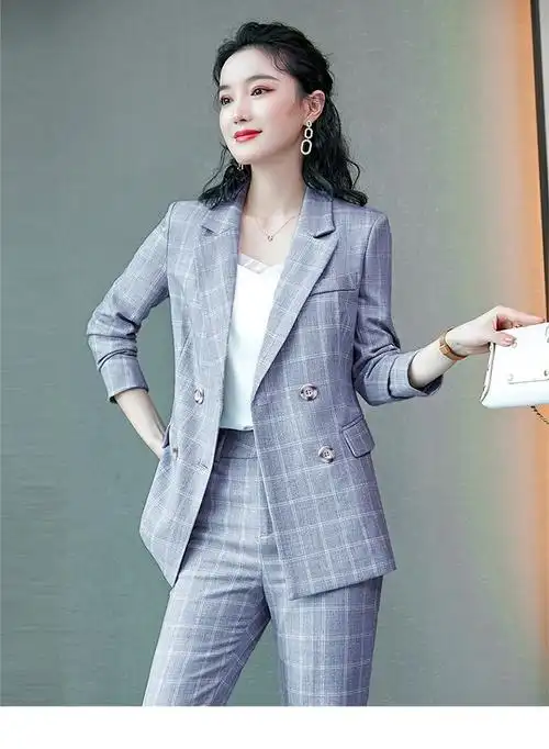 一只熊春季西装女装韩版时尚格子长袖小女式职业装套装商务正装西服