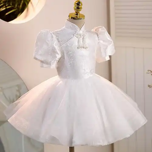 白色女童公主裙新中式儿童生日礼服国风六一钢琴表演主持人演出服