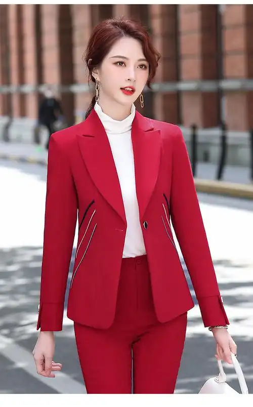 职业装女套装2020夏季新款总裁气质女神范西服时尚正装红色小西装