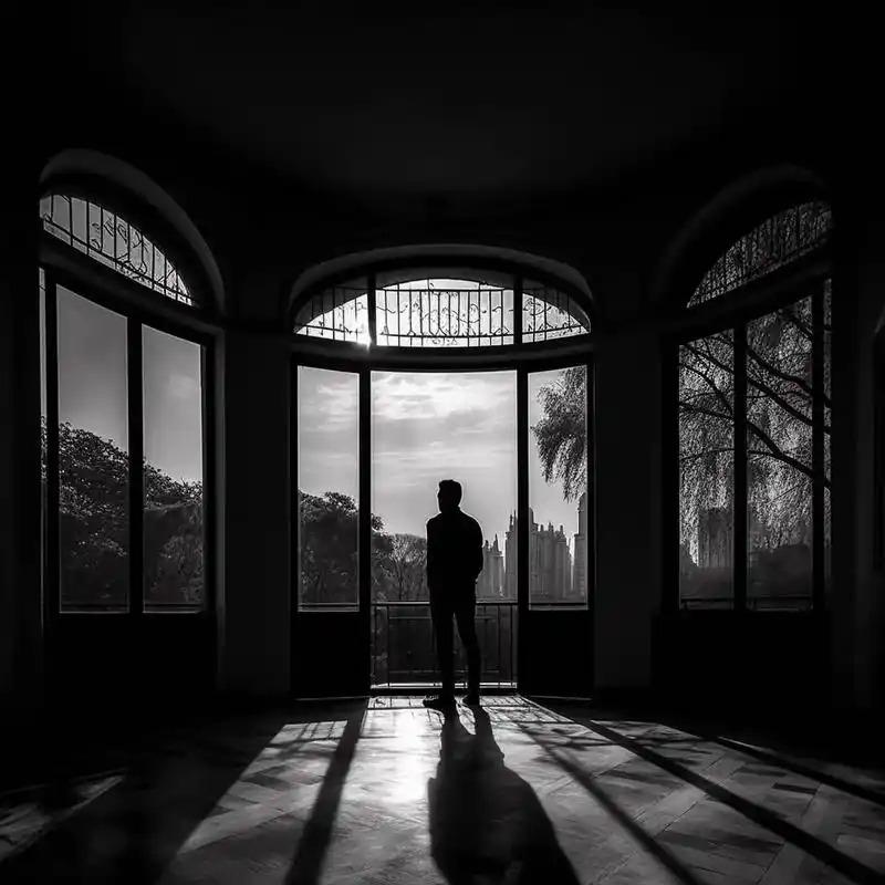 窗边的剪影.黑白,窗边,光影单色阴影,剪影背光,黑色背景 - 抖音