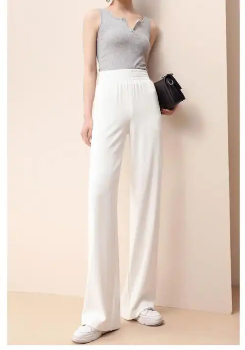 白色雪纺阔腿裤女夏季薄款垂感冰丝直筒裤高腰拖地宽松弹力休闲裤