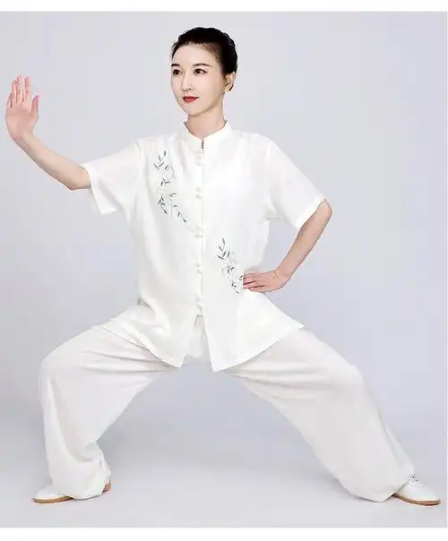 太极服女太极拳服装练功服小和山装洋气亚麻棉麻太极拳短袖夏季绿色