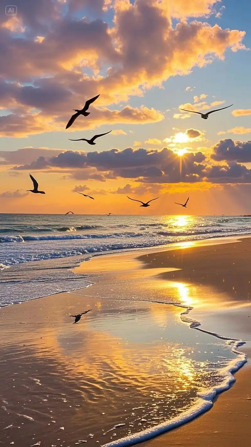 海边日落 手机壁纸.🌅那无尽的海边沙滩,落日的余晖将天空染