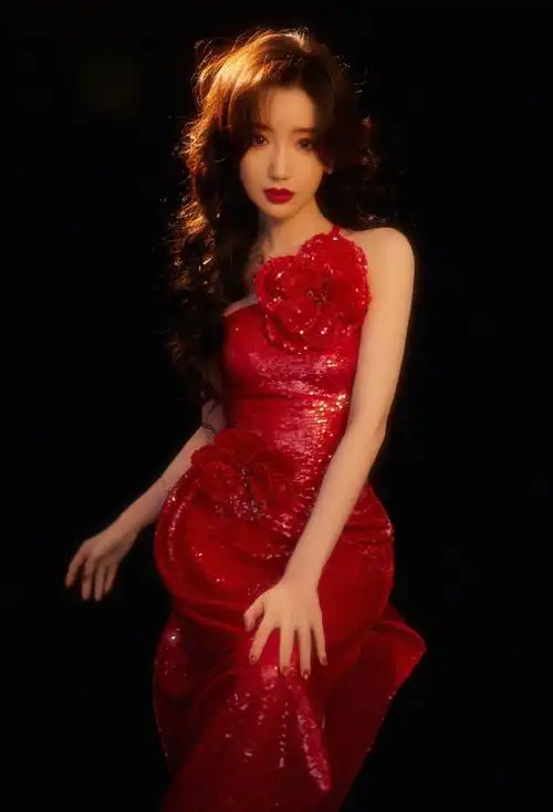 毛晓彤立体花朵红裙##毛晓彤复古玫瑰妆