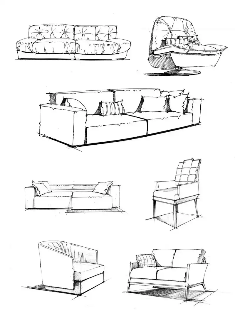 环艺手绘|干货室内单体线稿练习 考研手绘室内家具单体线稿素材分享