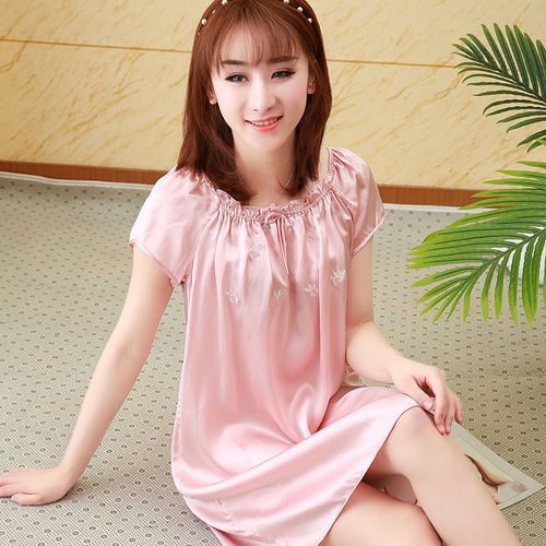 杭州丝绸真丝睡衣女士夏天薄款短袖100%桑蚕丝睡裙纯色宽松家居服