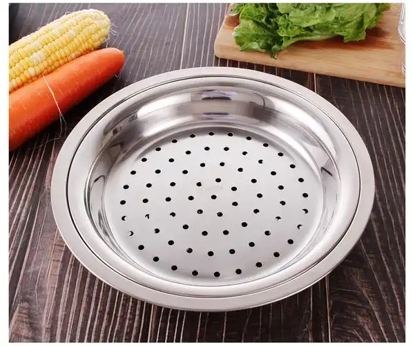 乐活森304不锈钢饺子盘 双层沥水蒸鱼盘子蒸饺餐盘菜汤盆304不锈钢漏