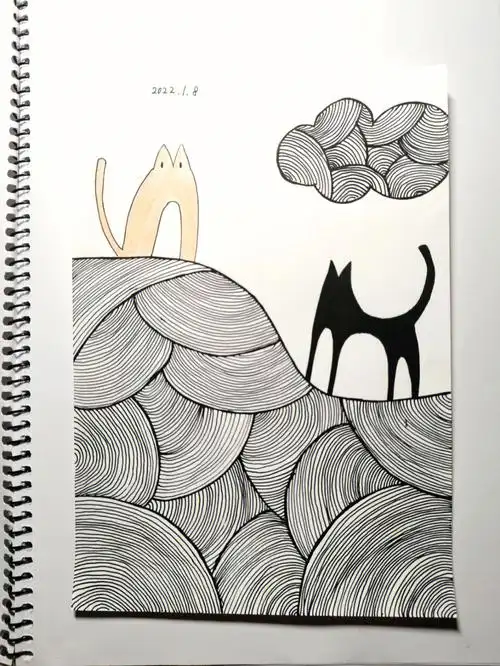 黑白简笔画2猫