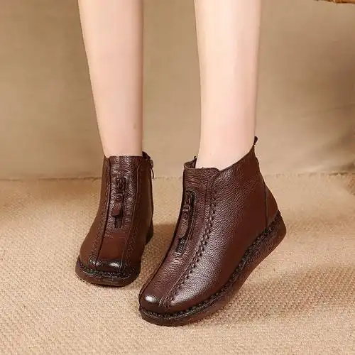 头层牛皮厚底短靴冬季加绒妈妈鞋民族风真皮女靴子