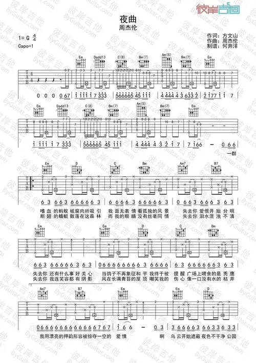 谱吉他弹唱发布/怪咖热度/1380周杰伦《夜曲(ikaopu可播放版)》吉他谱