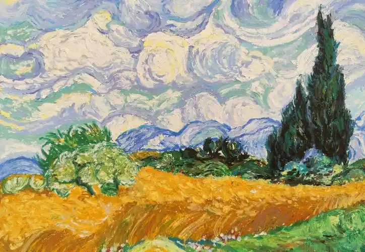 油画棒作品麦田里的丝柏树