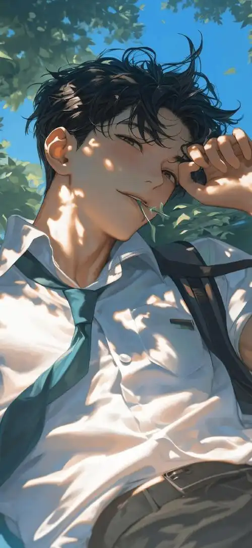 壁纸仰躺草地的动漫美少年壁纸