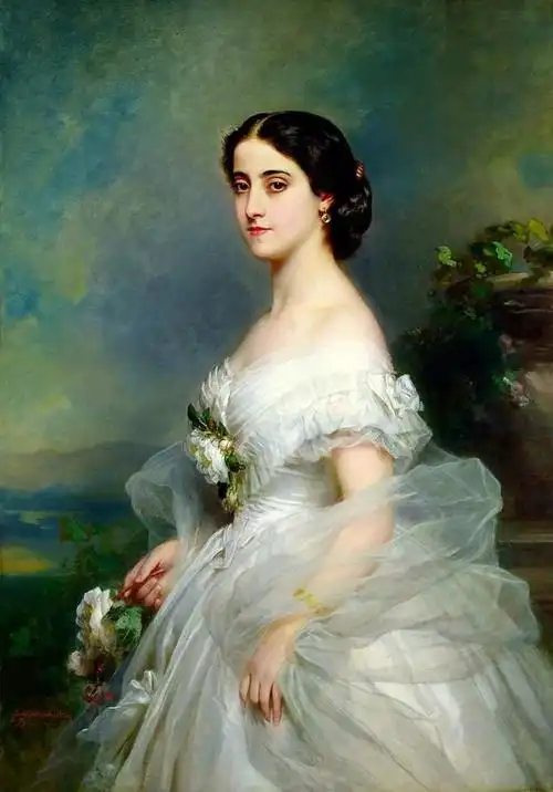 美术欣赏之穿白色裙子的欧洲贵族美女油画图