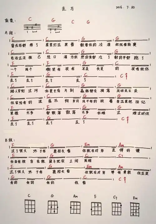 走马ukulele谱_完美版编配_陈粒_走马尤克里里谱_弹唱谱_吉他吧手机版