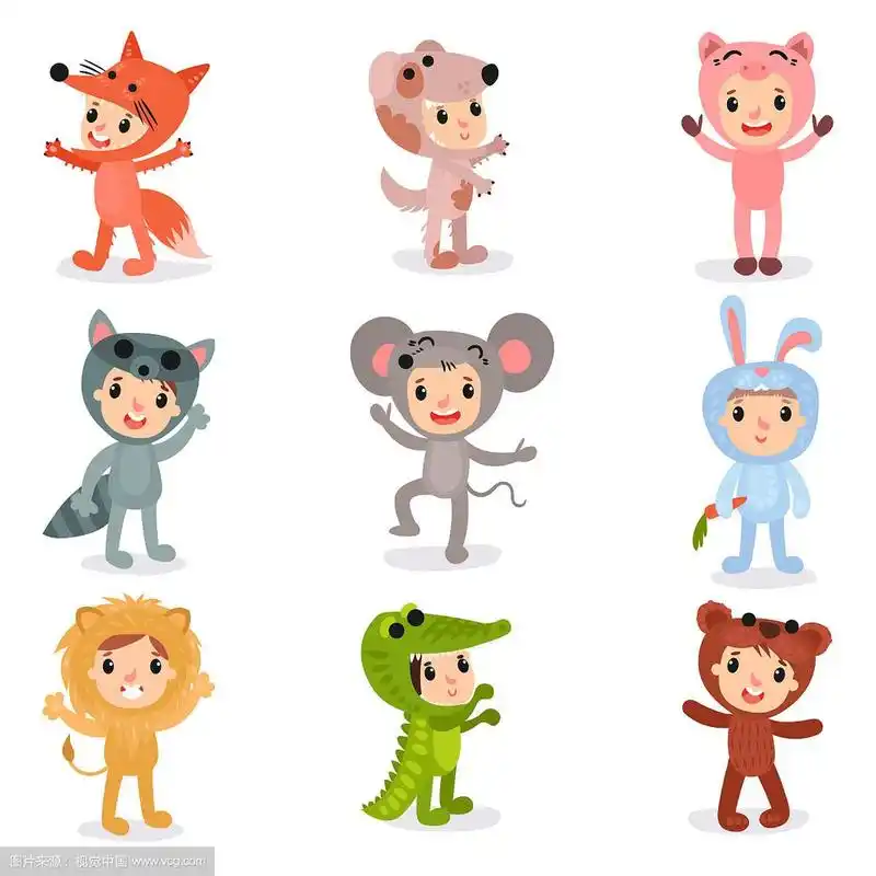 一组卡通的小动物角色的孩子