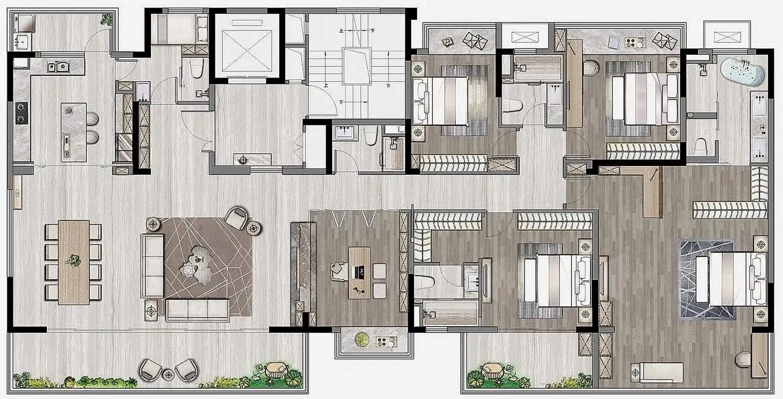 5房2厅格局的大平层,坐北朝南,独梯独户,属于比较高档的户型