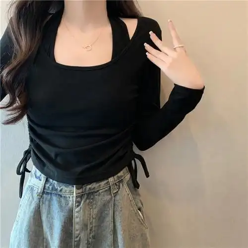 实拍#新款设计感挂脖圆领修身显瘦上衣女收紧绳打底衫