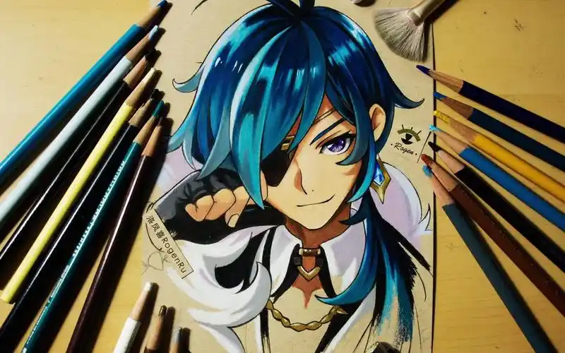 187b 油性彩铅手绘《原神》游戏漫画人物:凯亚