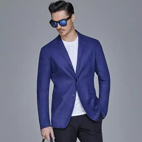 brloote巴鲁特亚麻休闲西服男修身时尚西装便西外套春装藏蓝