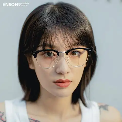 enson9日系板材金属半框半透灰色平光潮男复古眼镜架