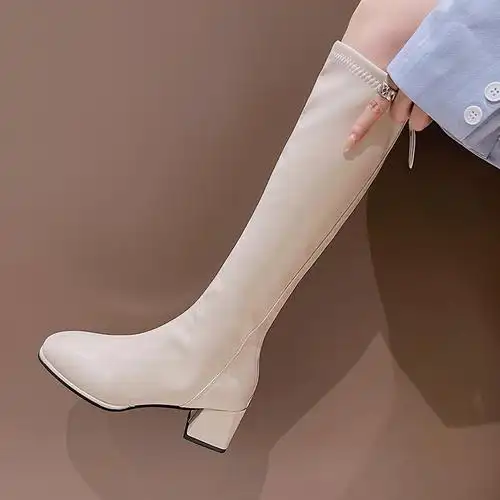 8折后价￥108天猫新品白色长靴女2021年新款秋冬季高跟鞋长筒靴方头粗