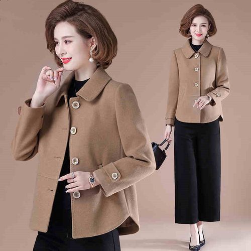 秋装短外套女气质毛呢外套新款中老年女春秋洋气呢子上衣 卡其色外套