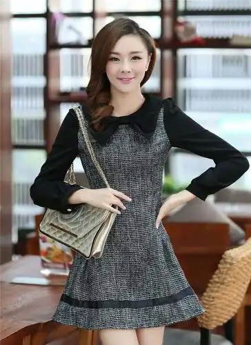 2014新品春装女式ol通勤长袖连衣裙女装修身千鸟格春