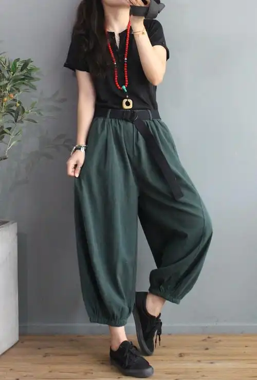 若溪纯色百搭休闲灯笼裤2020早秋新款配腰带宽休闲裤