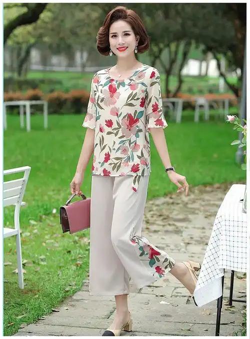潮上新女装时尚新款中年妈套大码中老年短袖t恤女妈夏装套装洋气雪纺