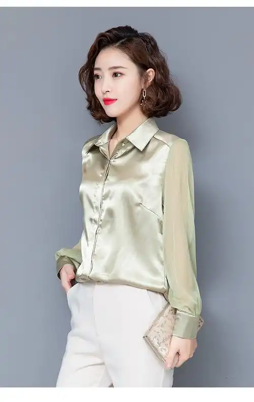 96浪莎春季女装新款真丝衬衫女长袖缎面上衣时尚气质职业装打底衫