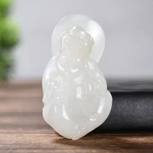 孤品千尺山大师作品新疆和田玉糖羊脂白玉财神爷挂件吊坠31克