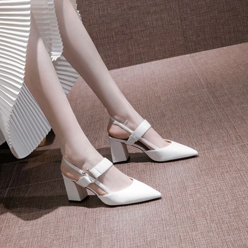 白色高跟鞋女粗跟2021春夏季新款尖头百搭中跟单鞋后空包头女凉鞋