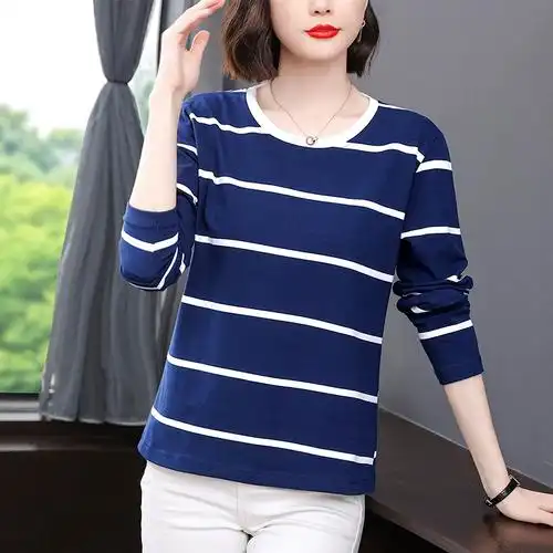 上衣 纯棉条纹长袖 t恤女宽松显瘦打底衫 春秋季 - 女装/女士精品