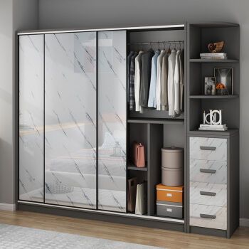 革睿2022新款衣柜家用卧室仿大理石实木推拉门移门简易组装储物柜单人